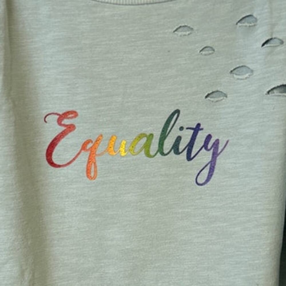 Upcycled Hand Printed Womens Large Rainbow Equality Distressed Sweatshirt - Picture 2 of 4